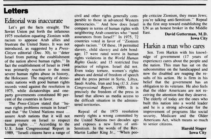 Editorial was inaccurate — Iowa City Press-Citizen, 31 January 1992