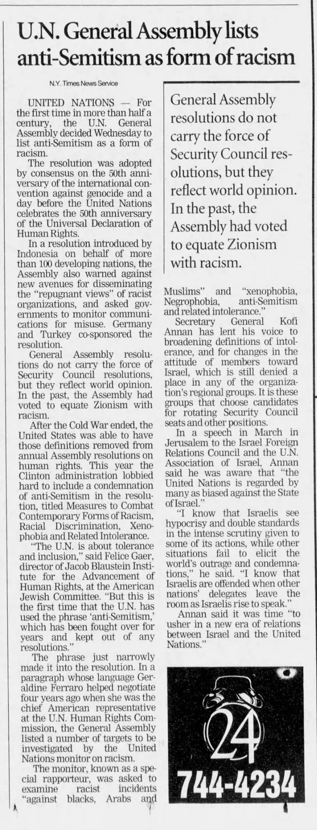 U.N. General Assembly lists anti-Semitism as form of racism — The Macon Telegraph, 10 December 1998