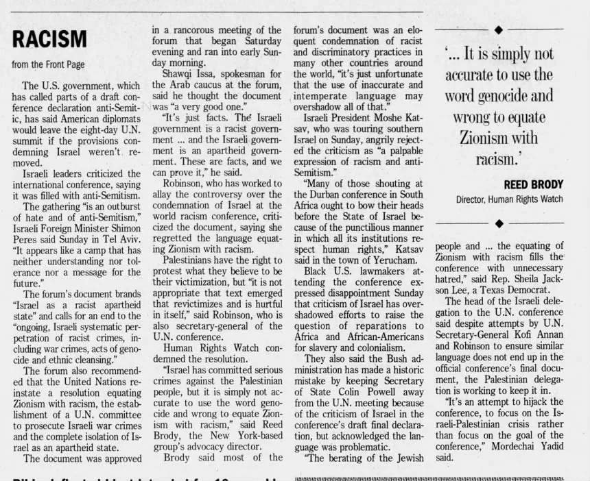 Rights forum equates Zionism with racism — Arizona Daily Sun, 3 September 2001
