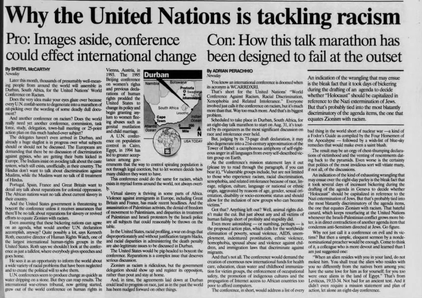 Why the United Nations is tackling racism — Ithaca Journal, 15 August 2001