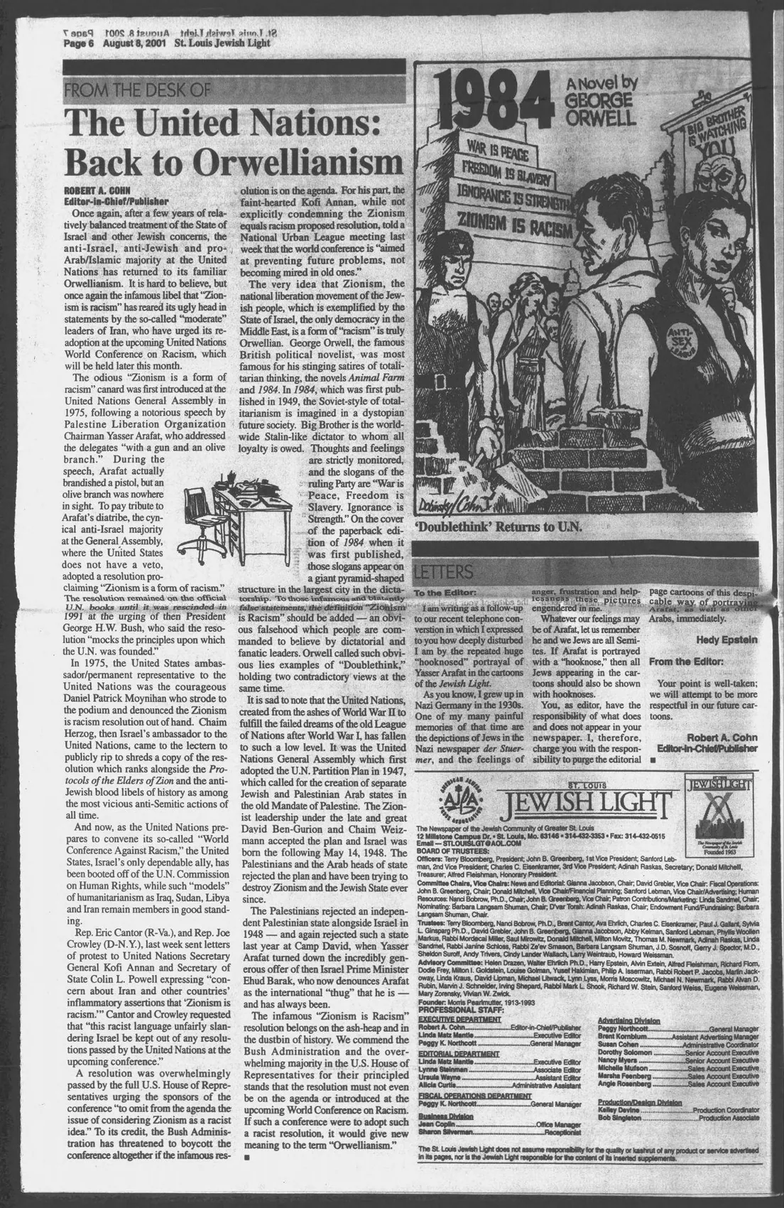 The United Nations: Back to Orwellianism — St. Louis Jewish Light, 8 August 2001