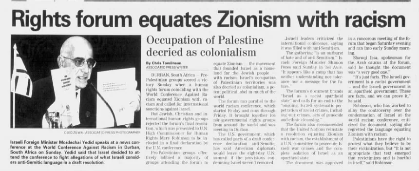 Rights forum equates Zionism with racism — The Tribune, 3 September 2001